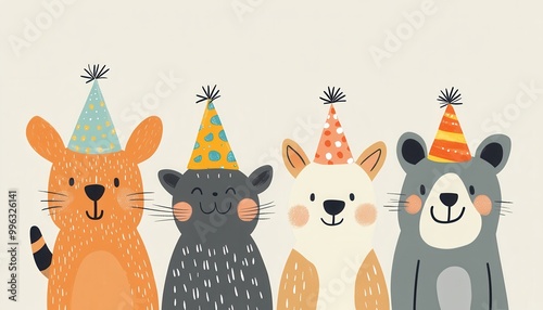 Smiling animals with party hats, celebration theme, flat design illustration photo