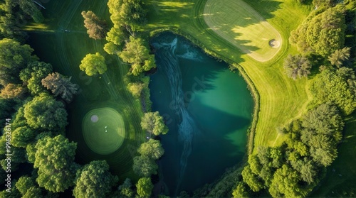 Aerial view of bunkers sand in golf court with putting green grass