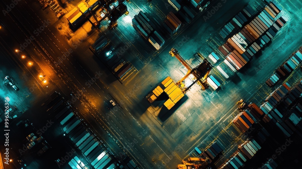 Industrial container terminal at night with cranes loading cargo Industrial container terminal at night with cranes loading cargo