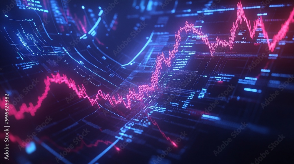 Abstract digital chart with pink and blue data lines on a dark background, representing financial growth and analysis. Abstract digital chart with pink and blue data lines on a dark background, representing financial growth and analysis.