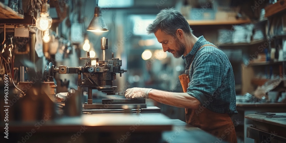 Jewelry artisan shaping metal at workbench, workshop ambiance softly blurred, craftsmanship illuminated by gentle light Jewelry artisan shaping metal at workbench, workshop ambiance softly blurred, craftsmanship illuminated by gentle light