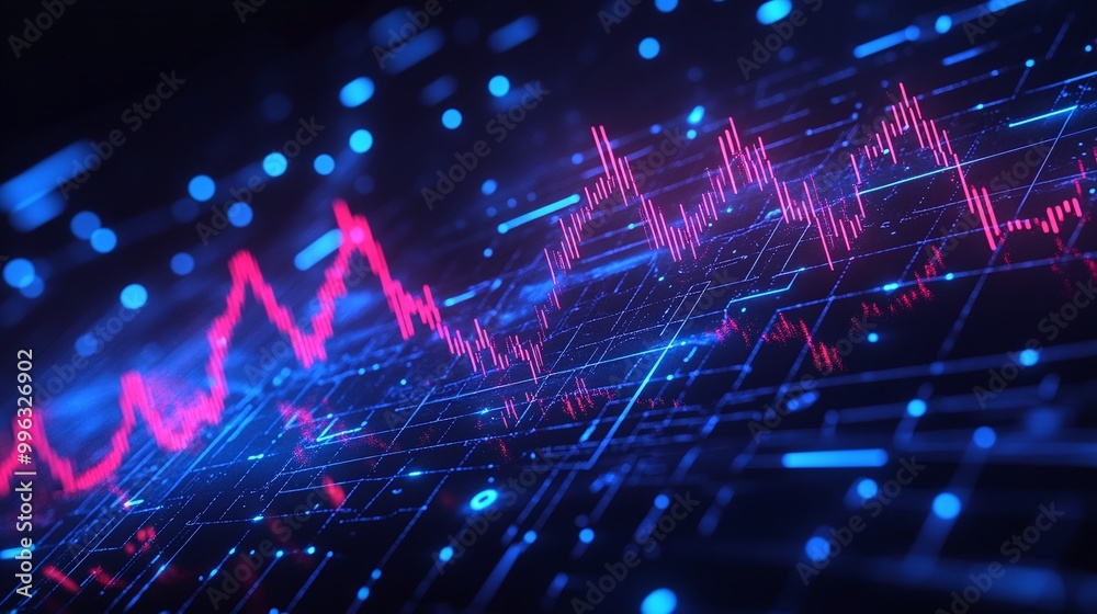 Fototapeta premium Abstract digital data analysis with vibrant blue and pink waveforms, representing modern technology and data visualization.