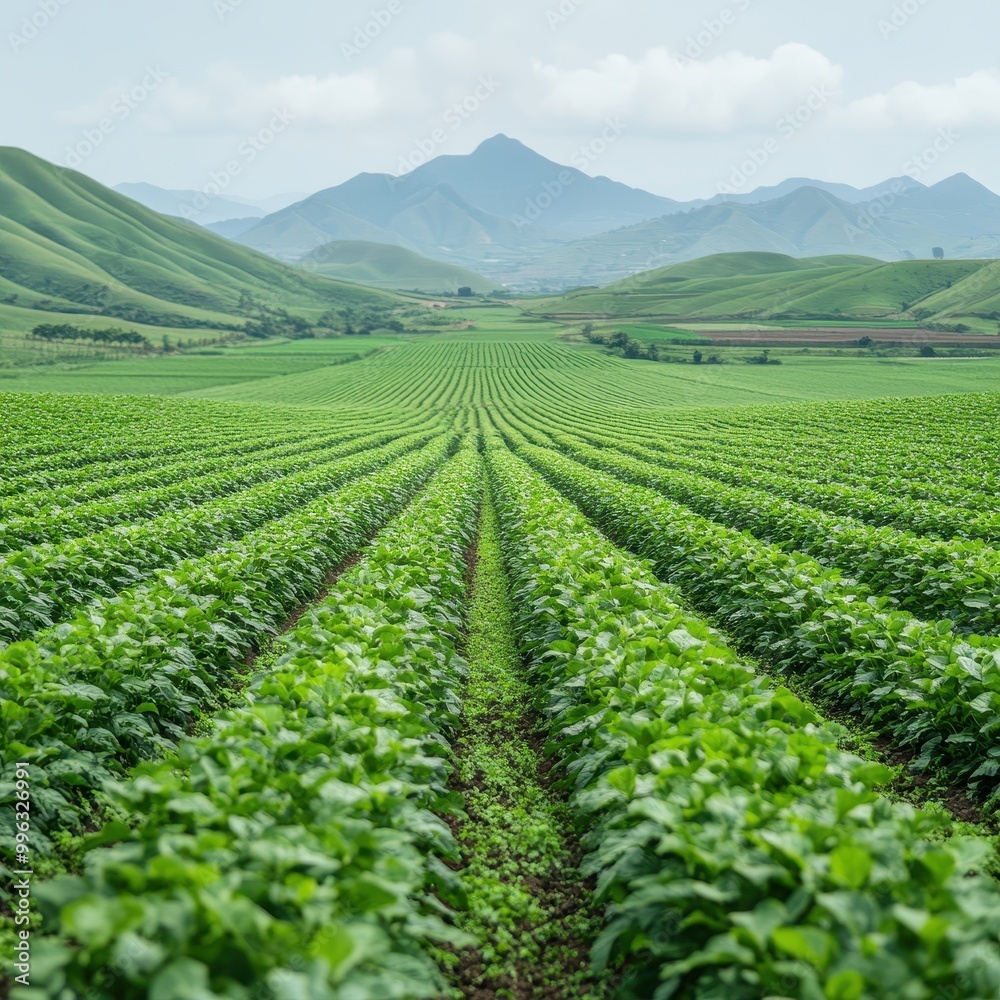 Lush green farmland with rows of crops under a cloudy sky and mountains in the distance. Lush green farmland with rows of crops under a cloudy sky and mountains in the distance.