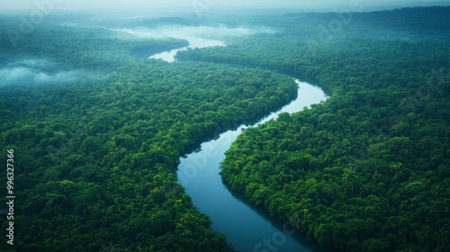 Aerial view of a winding river cutting through a dense jungle, showcasing the lush greenery and wildlife habitat.