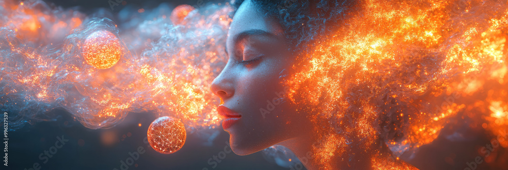 A person deep in thought, with glowing 3D spheres and cubes swirling around them, A person deep in thought, with glowing 3D spheres and cubes swirling around them,