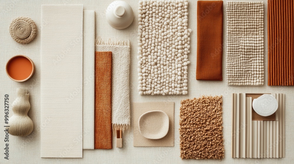 Modern flat lay composition in warm neutrals color palette with textile and paint samples, lamella panels and tiles. Architect and interior designer moodboard. Top view. Copy space. Template