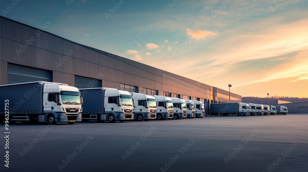Semi-trucks lined up outside a warehouse at sunset, poised for transportation. The contemporary structure in the background represents the thriving shipping and delivery sector Semi-trucks lined up outside a warehouse at sunset, poised for transportation. The contemporary structure in the background represents the thriving shipping and delivery sector