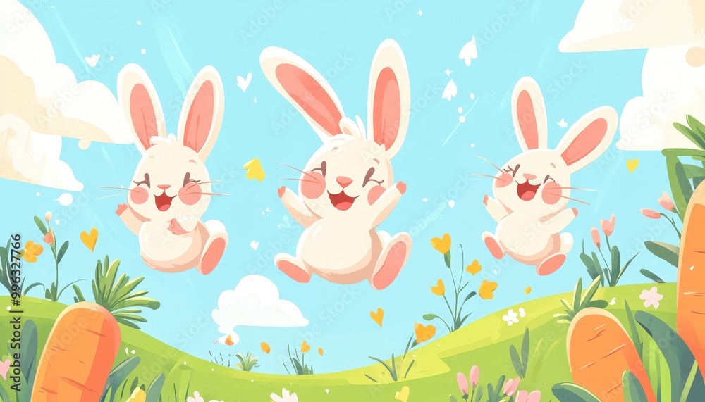 Obraz premium Bouncing bunnies and carrots, springtime theme, flat design illustration
