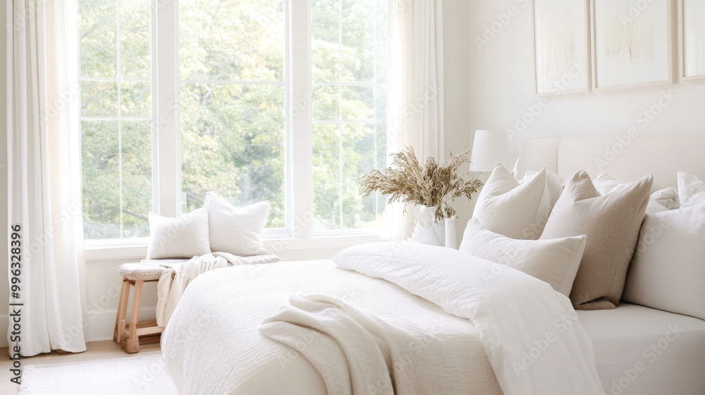 Fototapeta premium A serene bedroom featuring light color palette, large windows, and soft textiles creates calming atmosphere. natural light enhances cozy ambiance, perfect for relaxation