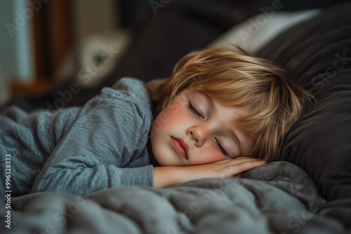 Portrait of kid napping in the noon, Selective focus sleeping boy on the couch.