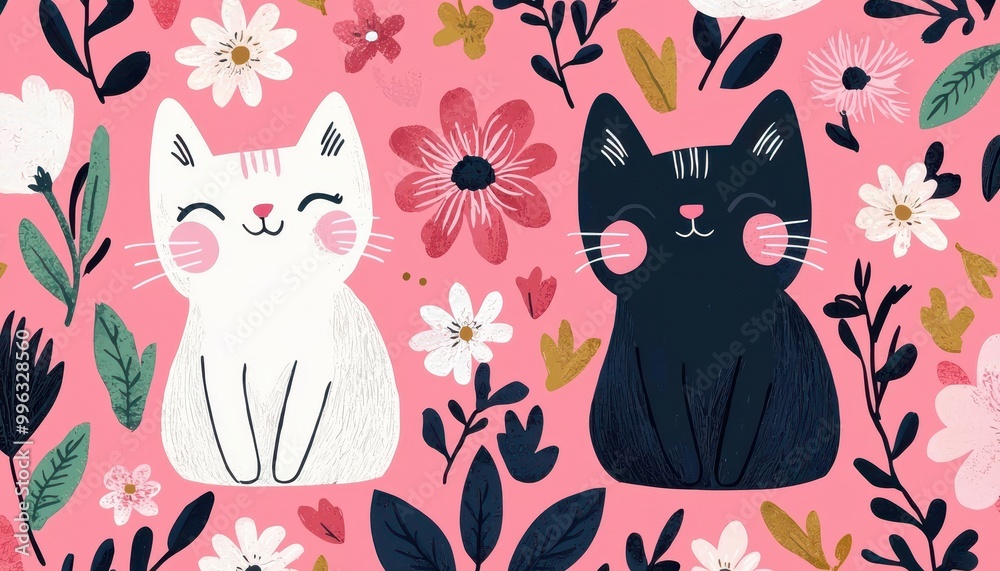 Cute cats and flowers, pastel color palette, flat design illustration Cute cats and flowers, pastel color palette, flat design illustration