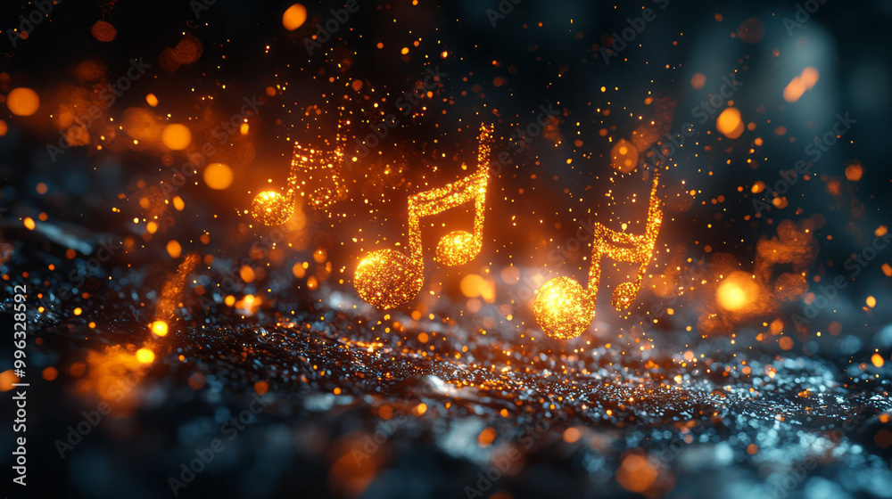 A musician’s thoughts appearing as glowing 3D music notes, A musician’s thoughts appearing as glowing 3D music notes,