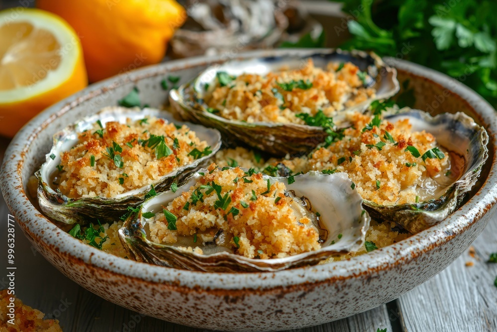 Baked Oysters with Crumb Topping and Parsley Garnish in a Bowl Baked Oysters with Crumb Topping and Parsley Garnish in a Bowl