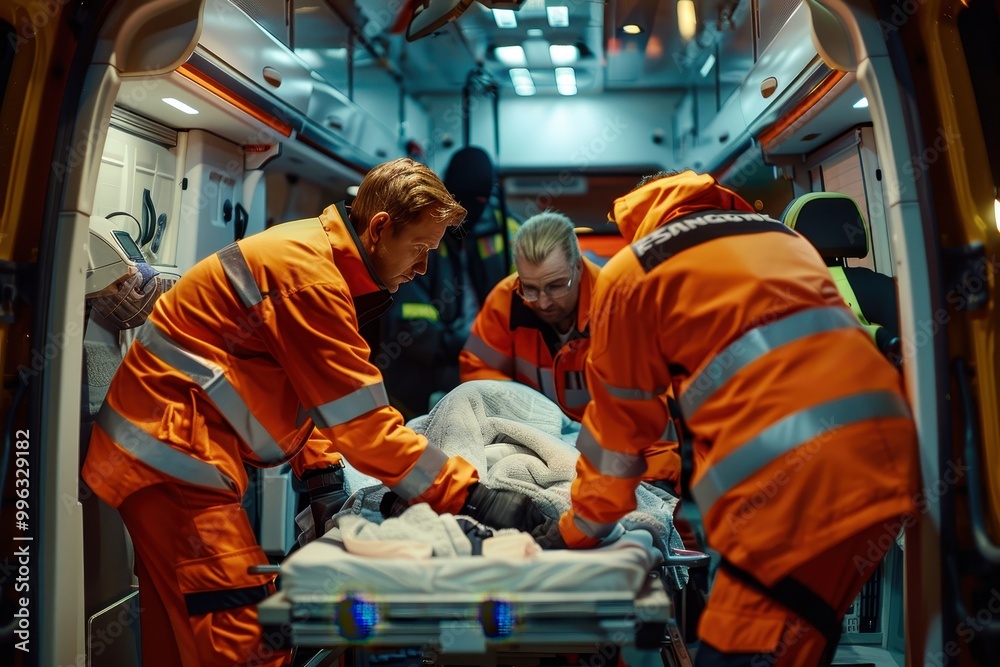 The scene is tense and serious, as the men are focused on their task The scene is tense and serious, as the men are focused on their task