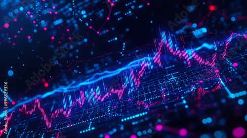 Abstract digital data visualization with colorful graphs and data points on a dark background.