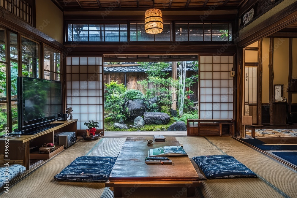 Fototapeta premium Traditional Japanese living room with tatami mats. Perfect for showcasing a serene and minimalist lifestyle.