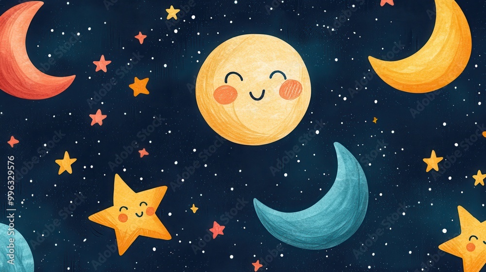 Playful crayon-drawn stars and moons, nighttime scene, flat design illustration Playful crayon-drawn stars and moons, nighttime scene, flat design illustration