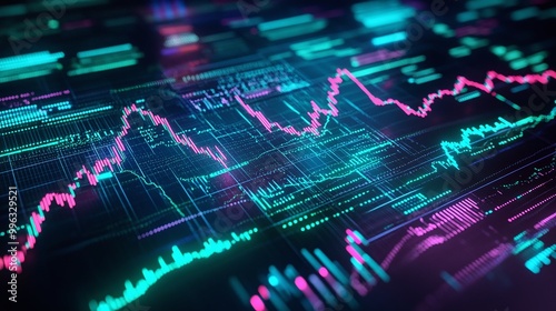 Abstract digital data visualization with colorful graphs and statistics on a dark background.