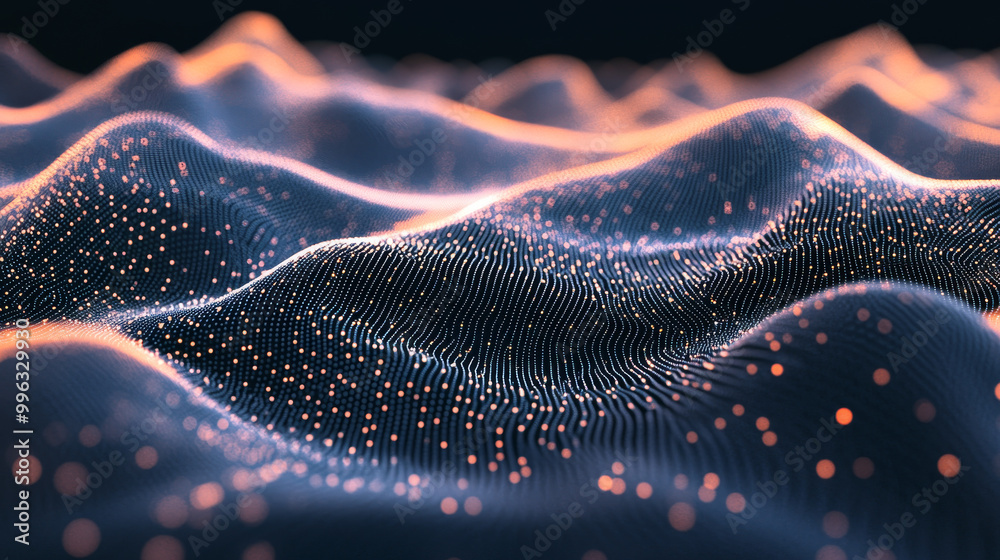 Abstract digital connection of moving dots and lines, representing a technological background. A network connection structure in black and white polygonal space with a weave effect. Vector illustratio