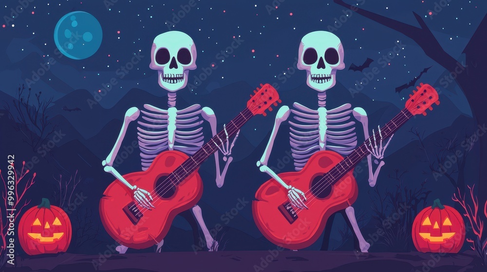 Fototapeta premium Two skeletons playing guitars under a spooky moonlit night.