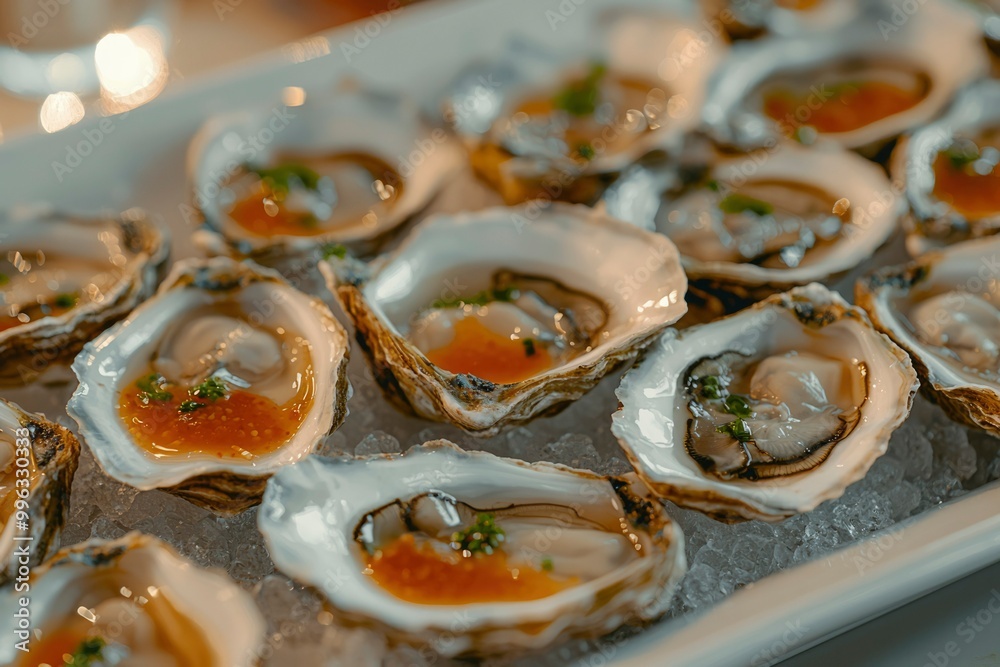 Fresh Oysters on Ice with Sauce and Garnish Fresh Oysters on Ice with Sauce and Garnish