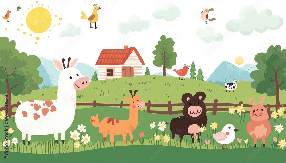 Cartoon-style farm animals, countryside scene, flat design illustration Cartoon-style farm animals, countryside scene, flat design illustration