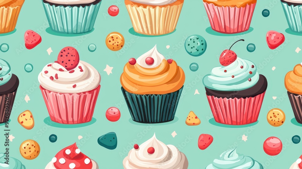 Colorful cupcakes and sweets, playful background, flat design illustration Colorful cupcakes and sweets, playful background, flat design illustration