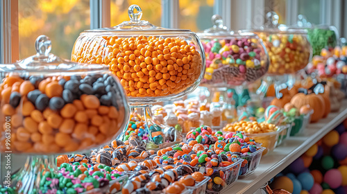 Halloween candy buffet with spooky decorations and colorful treats, Halloween trick or treat candy and jelly