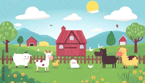 Cartoon-style farm animals, countryside scene, flat design illustration