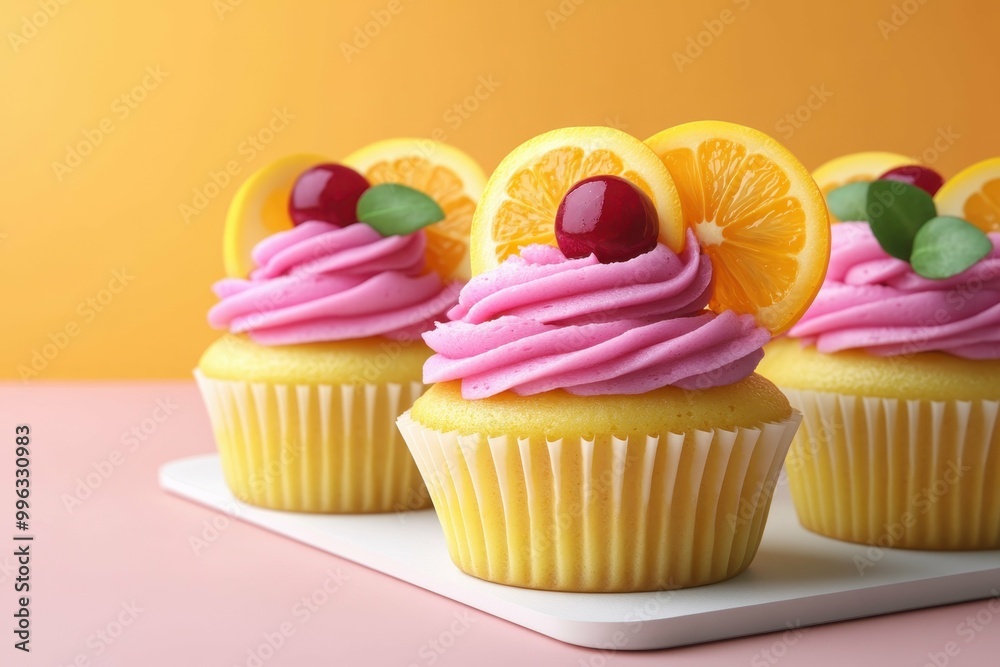 A tray of organic cupcakes decorated with natural frosting and fresh fruits placed on a smooth white surface. A tray of organic cupcakes decorated with natural frosting and fresh fruits placed on a smooth white surface.
