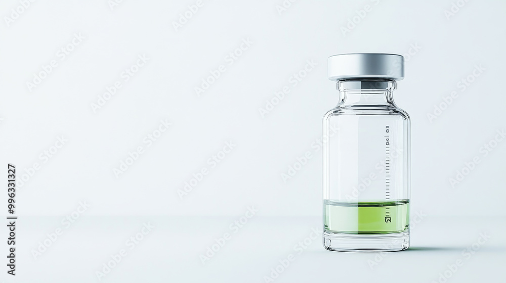 A clear glass vial containing green liquid sits elegantly against minimalist background, showcasing its sleek design and precise measurements. simplicity of scene evokes sense of purity and focus A clear glass vial containing green liquid sits elegantly against minimalist background, showcasing its sleek design and precise measurements. simplicity of scene evokes sense of purity and focus