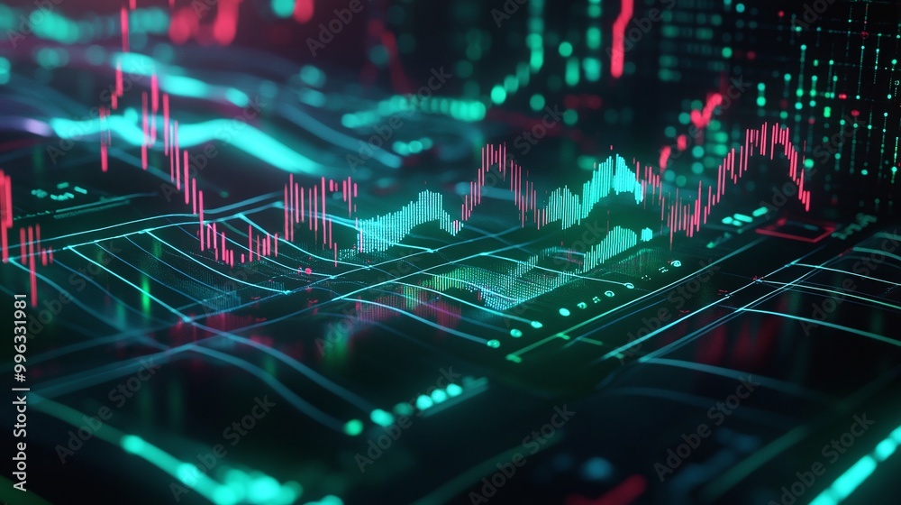 Abstract digital data visualization with glowing lines and graphs representing modern data analysis.