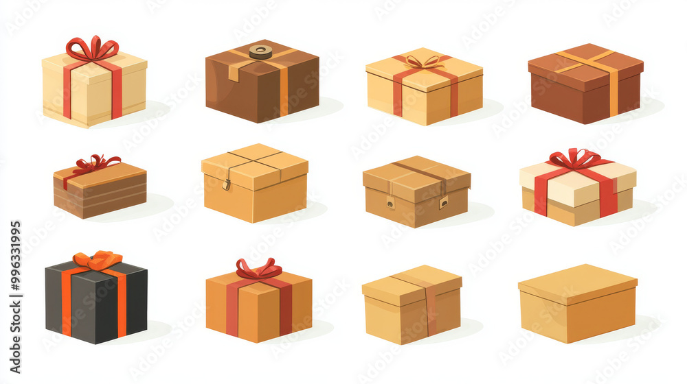 Fototapeta premium Various groups of boxes in an isolated set collection. Vector flat cartoon-style illustration.