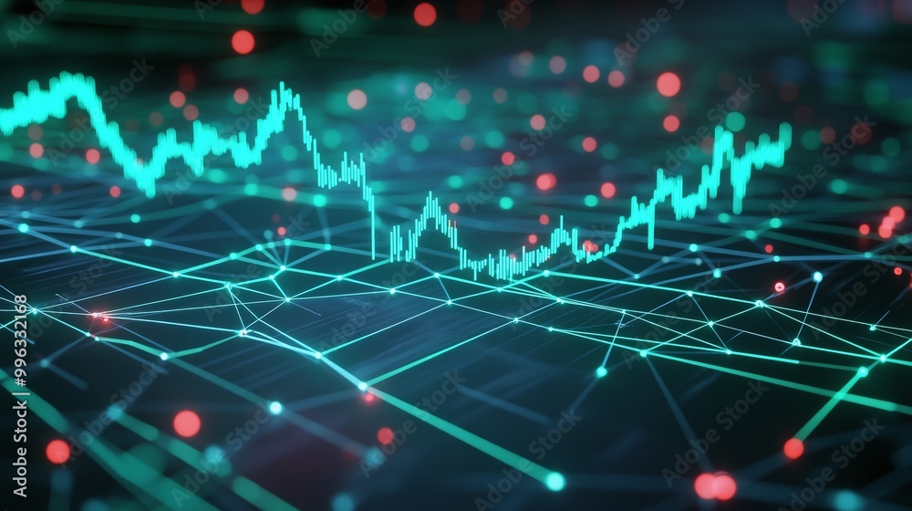 Abstract digital data visualization with glowing lines and points representing growth and financial analytics.