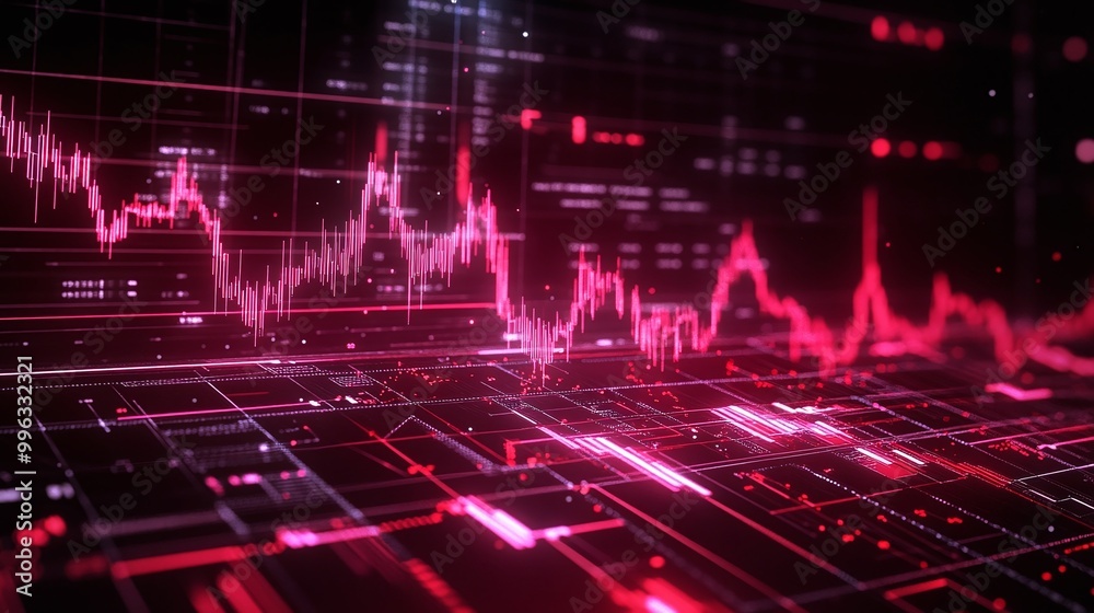 Abstract digital data visualization with glowing red graphs and lines on a black background. Abstract digital data visualization with glowing red graphs and lines on a black background.