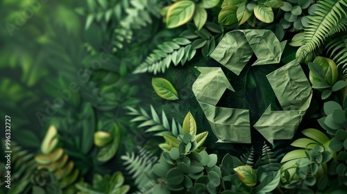 Wallpaper Mural Large green recycling symbol surrounded by diverse plants, emphasizing harmony between nature and recycling. Symbol of environmental conservation amidst lush greenery. Torontodigital.ca