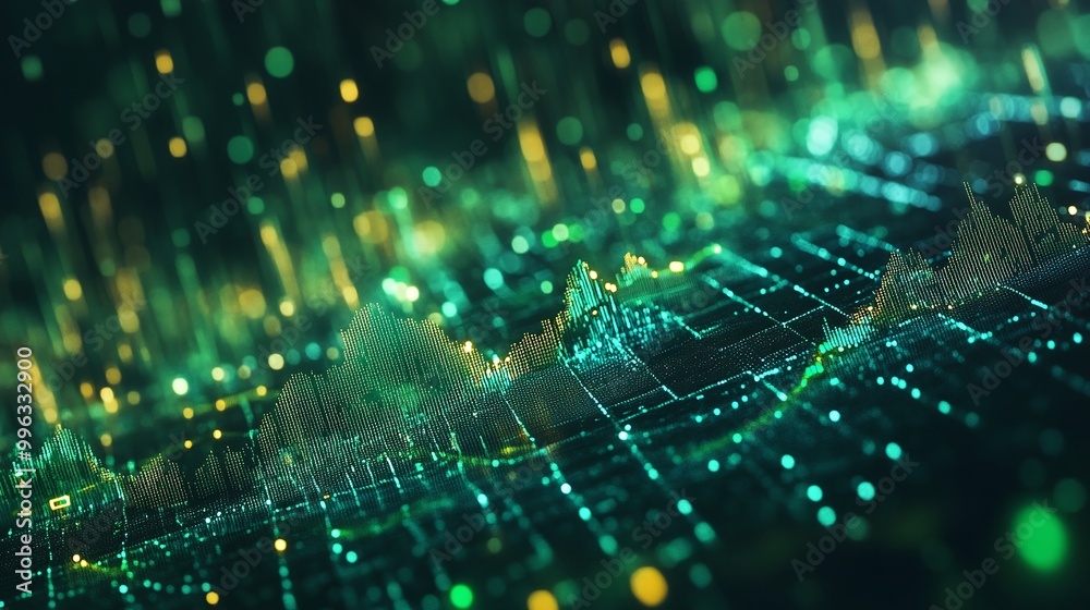 Abstract digital data visualization with green and yellow lights creating an energetic atmosphere. Abstract digital data visualization with green and yellow lights creating an energetic atmosphere.