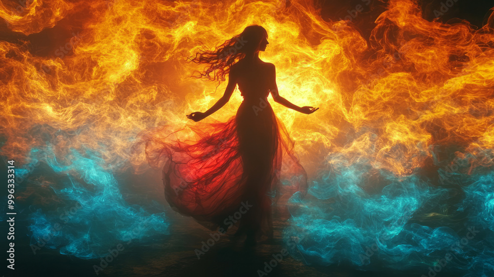 A woman dancing with floating sound waves swirling around her, A woman dancing with floating sound waves swirling around her,