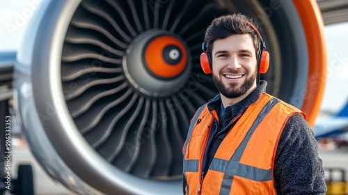 portrait of airport ground workers in safety suits, airplane, jet engine