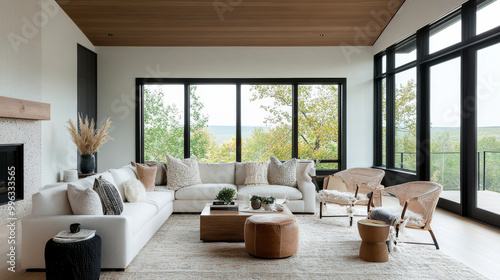 A modern living room featuring spacious white sectional sofa, large windows with scenic view, and stylish decor elements. warm tones and natural light create cozy atmosphere