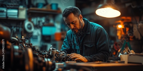 Mechanic at Work, analyzing intricate engine parts on a cluttered workbench, dim light enhances focus and concentration in the workshop setting