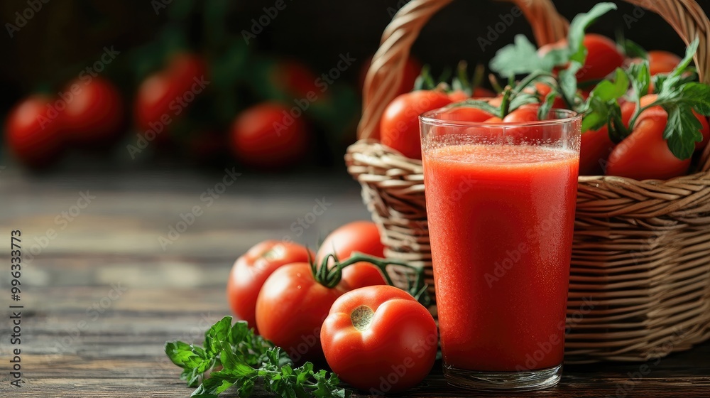 A basket of ripe tomatoes and a glass of fresh tomato juice sitting on a wooden table, creating a fresh and healthy scene. A basket of ripe tomatoes and a glass of fresh tomato juice sitting on a wooden table, creating a fresh and healthy scene.