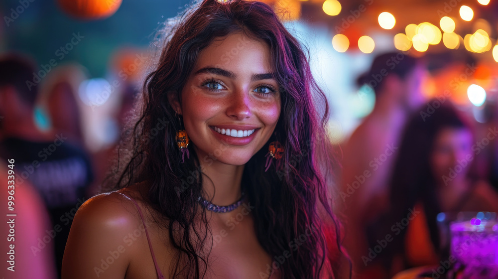 Joyful young woman enjoying a lively summer celebration, surrounded by colorful lights and an energetic crowd during a warm evening Joyful young woman enjoying a lively summer celebration, surrounded by colorful lights and an energetic crowd during a warm evening