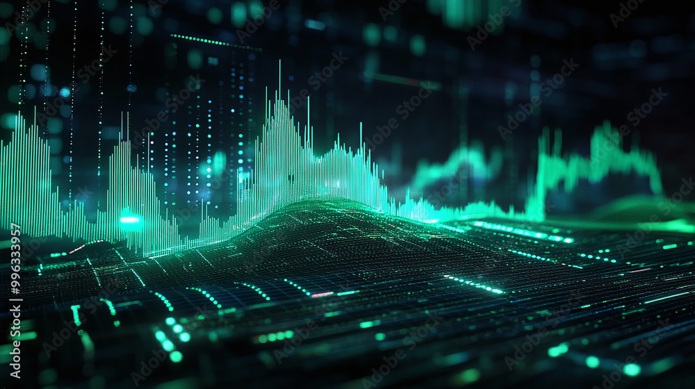 Abstract digital data visualization with green lines and wave patterns on a dark background.