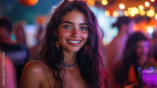 Joyful young woman enjoying a lively summer celebration, surrounded by colorful lights and an energetic crowd during a warm evening