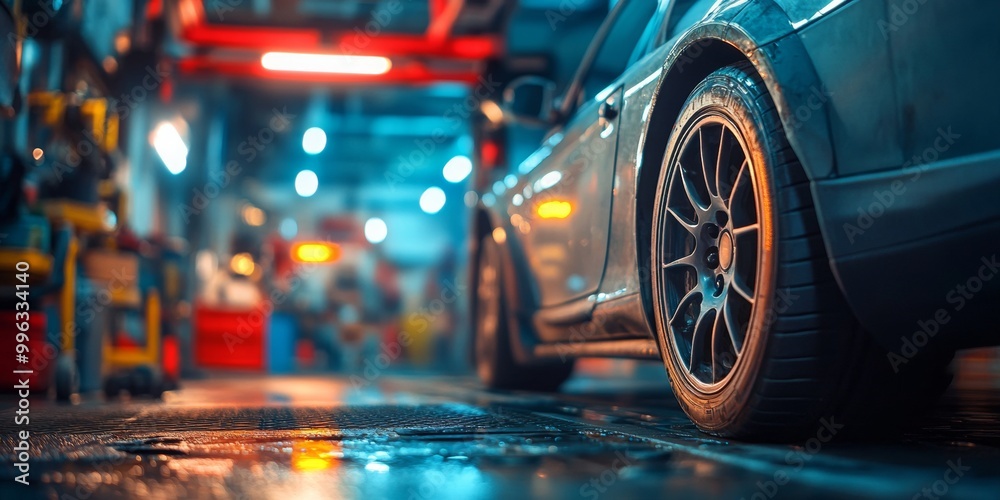 Mechanic at work, installing new part, car lift in background, bright lights illuminating focused action and expertise Mechanic at work, installing new part, car lift in background, bright lights illuminating focused action and expertise