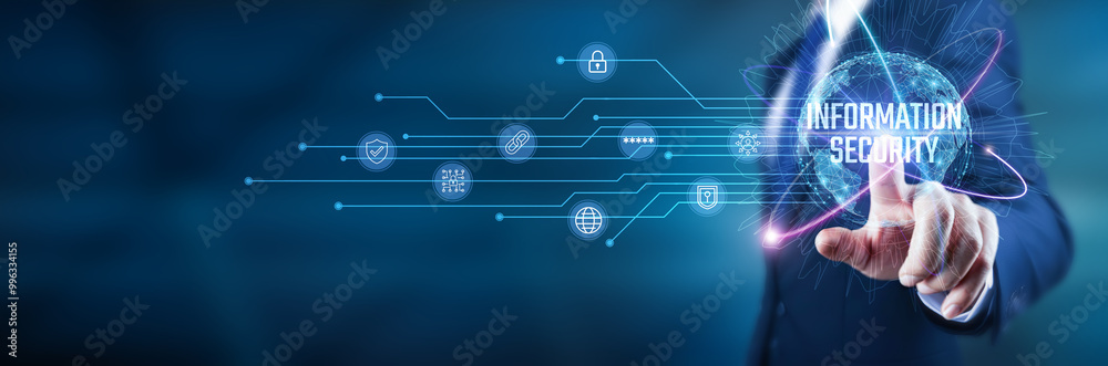 Businessman touch on key aspects of information security, emphasizing the importance of data protection, risk management, compliance, and cybersecurity measures to safeguard sensitive information. Businessman touch on key aspects of information security, emphasizing the importance of data protection, risk management, compliance, and cybersecurity measures to safeguard sensitive information.