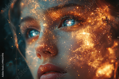 A womanâ€™s face with eyes that reflect entire galaxies,