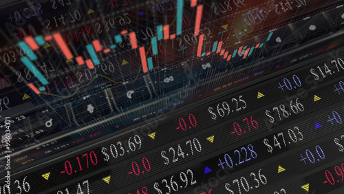 stock market candlsteek on the screen laptop keyboard Trading platform screen HUD. Stock chart, candles, index data pattern. 3