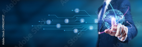 Businessman touches compliance processes, ensuring regulatory adherence, mitigating risk, enhancing organizational trust, and improving operational efficiency.